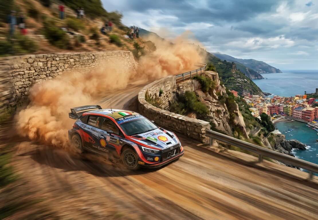 A rally car sliding around a cliffside bend above the sea
